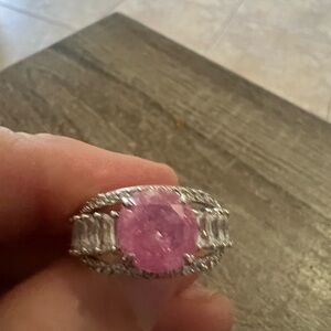 Silver Ring with Pink Center Stone and Clear Accents
